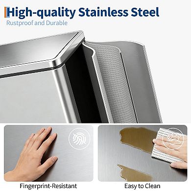 Dual Compartment Kitchen Trash Can, Stainless Steel, Removable Buckets, Soft-Close Lid