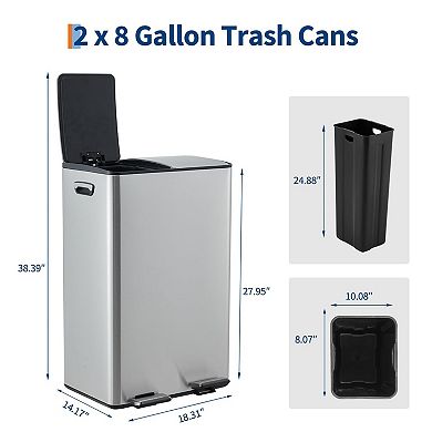 Dual Compartment Kitchen Trash Can, Stainless Steel, Removable Buckets, Soft-Close Lid