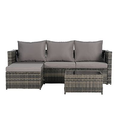Eazegath 2-Piece Outdoor Wicker L-Shaped 3-Seat Sofa Set with Coffee Table and Cushions
