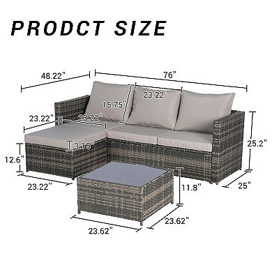 Eazegath 2-Piece Outdoor Wicker L-Shaped 3-Seat Sofa Set with Coffee Table and Cushions