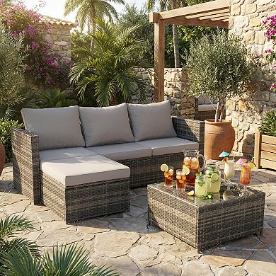 Eazegath 2-Piece Outdoor Wicker L-Shaped 3-Seat Sofa Set with Coffee Table and Cushions