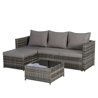 Eazegath 2 pc Outdoor Wicker L-Shaped 3-Seat Sofa Set with Coffee Table and Cushions