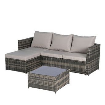 Eazegath 2 pc Outdoor Wicker L-Shaped 3-Seat Sofa Set with Coffee Table and Cushions