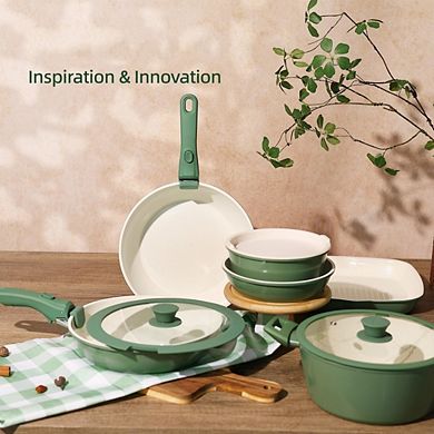 MOEPLSY23-Piece Green Ceramic Nonstick Cookware Detachable Handle Induction Oven Safe