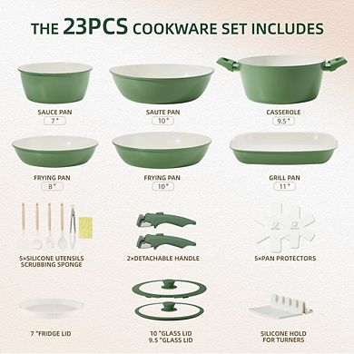 MOEPLSY23-Piece Green Ceramic Nonstick Cookware Detachable Handle Induction Oven Safe