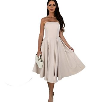 Women Off Shoulder Strapless Sleeveless A Line Tube Trendy Swing Midi Dress