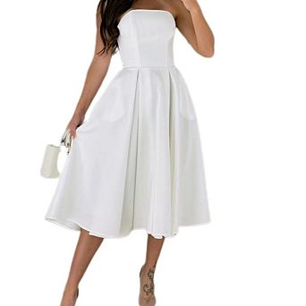 Women Off Shoulder Strapless Sleeveless A Line Tube Trendy Swing Midi Dress