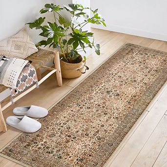 Runner Rugs for Living Room Bedroom, Long Washable Rug, Vintage Beige Camel Floral Boho Carpet