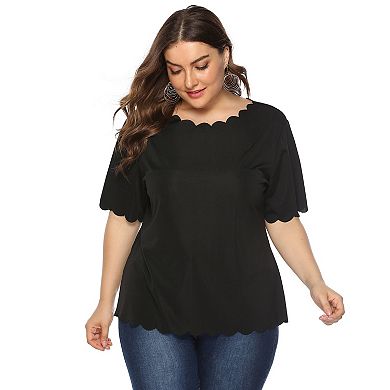Women's Plus Size Short Sleeve Tops Wavy Collar Casual Loose Fit Solid Color Shirts Summer Blouses