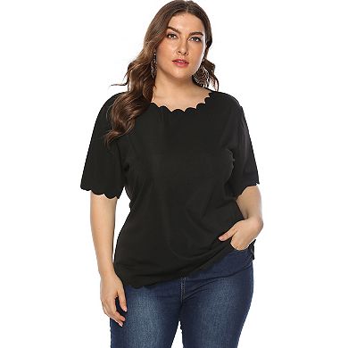 Women's Plus Size Short Sleeve Tops Wavy Collar Casual Loose Fit Solid Color Shirts Summer Blouses