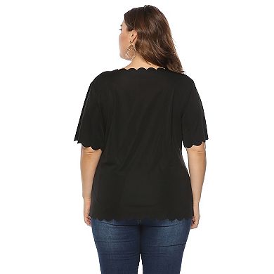 Women's Plus Size Short Sleeve Tops Wavy Collar Casual Loose Fit Solid Color Shirts Summer Blouses