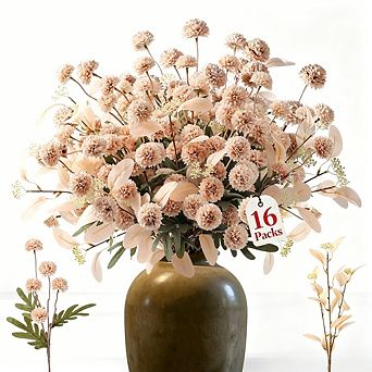 Long Stem Faux Silk Pompon Mums & Eucalyptus Set, 16 pc Beige Artificial Flowers for Home