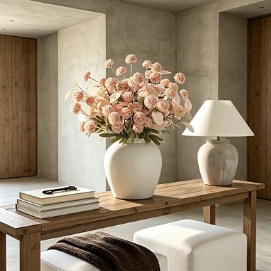 Long Stem Faux Silk Pompon Mums & Eucalyptus Set, 16-Piece Beige Artificial Flowers for Home