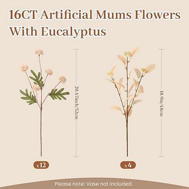 Long Stem Faux Silk Pompon Mums & Eucalyptus Set, 16-Piece Beige Artificial Flowers for Home