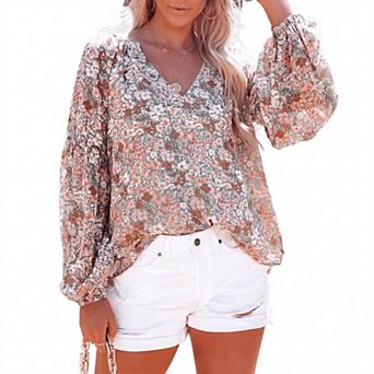 Women Floral Shirt Casual Loose Puff Sleeve Chiffon Blouse