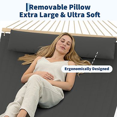 Double Quilted Hammock Large Outdoor Patio Swing Bed with Hardwood Spreader Bars, Pillow