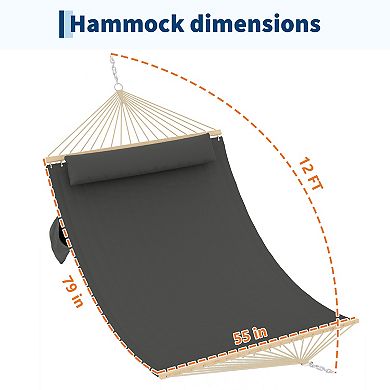 Double Quilted Hammock Large Outdoor Patio Swing Bed with Hardwood Spreader Bars, Pillow
