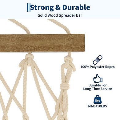 Double Quilted Hammock Large Outdoor Patio Swing Bed with Hardwood Spreader Bars, Pillow