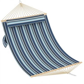 Double Quilted Hammock Large Outdoor Patio Swing Bed with Hardwood Spreader Bars, Pillow