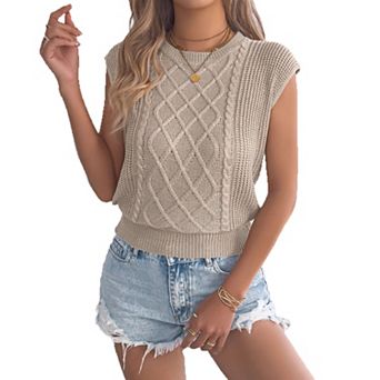 Women's Cable Knit Sweater Vest, Round Neck Sleeveless Knit Top Casual Tank