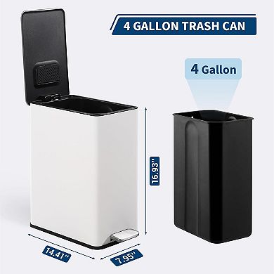 15 L Kitchen Step Trash Can, 4 Gallon Narrow Stainless Steel Waste Bin with Soft-Close Lid