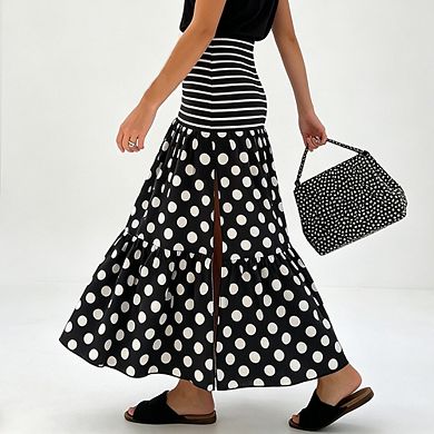 Bohemian High Waist Polka Dot Long Skirt with Elastic Waist & Side Split