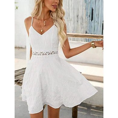 Women's Spaghetti Straps Lace Patch Backless Sundress Solid Color Mini Swing Dresses