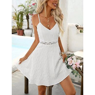 Women's Spaghetti Straps Lace Patch Backless Sundress Solid Color Mini Swing Dresses