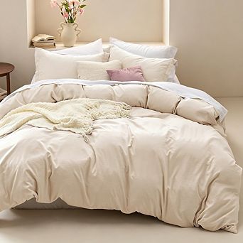 Queen Soft Cotton-Like Polyester Duvet Cover Set in Oat Milk, 3 pc with Zipper & Pillow Shams