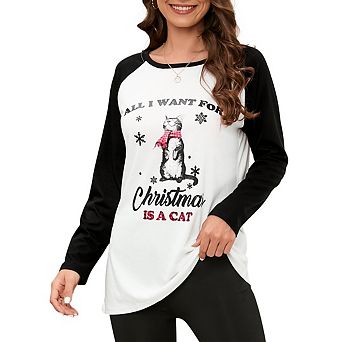 Womens Christmas Shirt Long Sleeve Crewneck Tee Pliad Sleeve Holiday Outfits S-XL