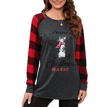 Womens Christmas Shirt Long Sleeve Crewneck Tee Pliad Sleeve Holiday Outfits S-XL