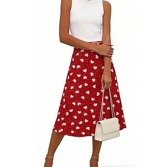 Women High Waist Heart Print Midi Skirt Side Slit Flowy A-Line Casual Skirt
