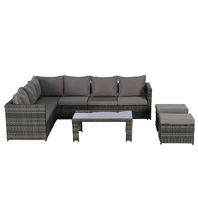 Eazegath 6-Piece Outdoor Wicker L- Shaped Sectional Sofa Set with Coffee Table and 2 Ottomans