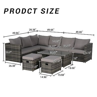 Eazegath 6-Piece Outdoor Wicker L- Shaped Sectional Sofa Set with Coffee Table and 2 Ottomans