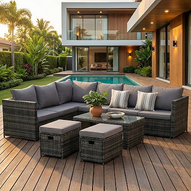 Eazegath 6-Piece Outdoor Wicker L- Shaped Sectional Sofa Set with Coffee Table and 2 Ottomans