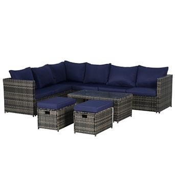 Eazegath 6 pc Outdoor Wicker L- Shaped Sectional Sofa Set with Coffee Table and 2 Ottomans