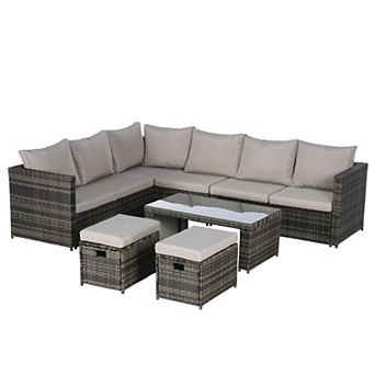 Eazegath 6 pc Outdoor Wicker L- Shaped Sectional Sofa Set with Coffee Table and 2 Ottomans