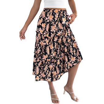 Women's Floral Print Tiered Ruffle Midi Skirt, Boho High Waist A-Line Flowy Skirt