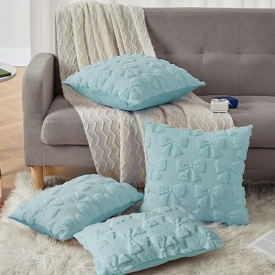 4-Pack Bow Faux Fur Pillow Covers Square & Lumbar Set for Couch, Sofa, Bed. 18x18/20x12 Inch