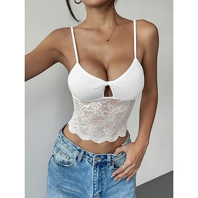 Women's Lace Patch Trimmed Knotted Camisole Solid Color Trendy Tank Top