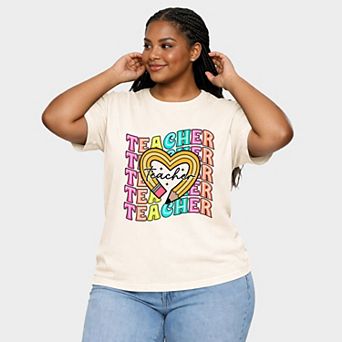 Teacher Pencil Heart - Women's Plus Sized Garment Dyed Graphic T-Shirt