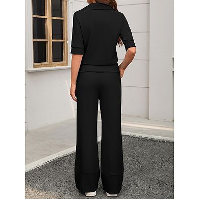 Women's Solid Color Two-Piece Loungewear Set, Polo Top & Elastic Waist Wide Leg Pants