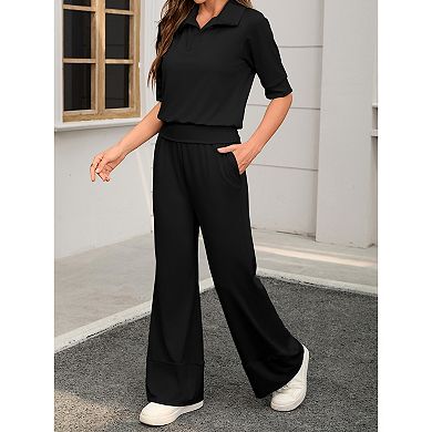 Women's Solid Color Two-Piece Loungewear Set, Polo Top & Elastic Waist Wide Leg Pants