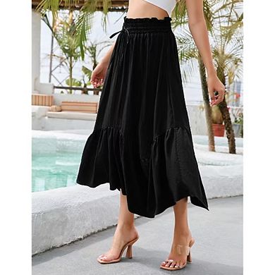 Vintage Midi Skirt for Women Elastic Drawstring Renaissance Irregular Ruffle Flowy Boho Long Skirts