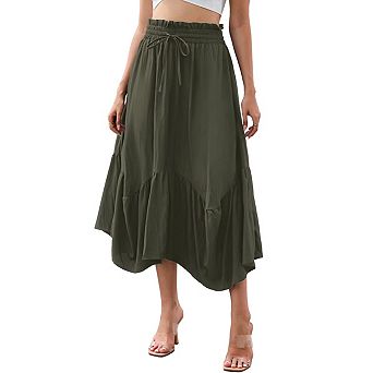 Vintage Midi Skirt for Women Elastic Drawstring Renaissance Irregular Ruffle Flowy Boho Long Skirts