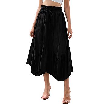Vintage Midi Skirt for Women Elastic Drawstring Renaissance Irregular Ruffle Flowy Boho Long Skirts