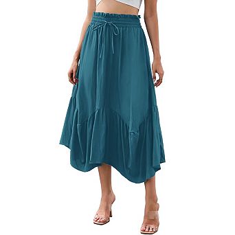 Vintage Midi Skirt for Women Elastic Drawstring Renaissance Irregular Ruffle Flowy Boho Long Skirts