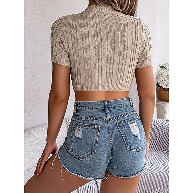 Seoria Womens Short Sleeve Cable Knit Cropped Casual Sweater Top