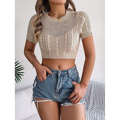 Seoria Womens Short Sleeve Cable Knit Cropped Casual Sweater Top