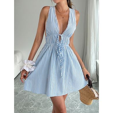 Women's Striped Halter Mini Dress with Deep V Neck and Tie Front
